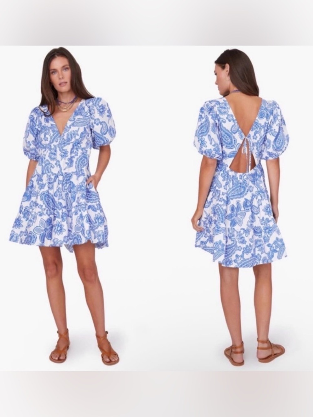 XiRENA Blue & White Paisley V‑Neck Mini Dress